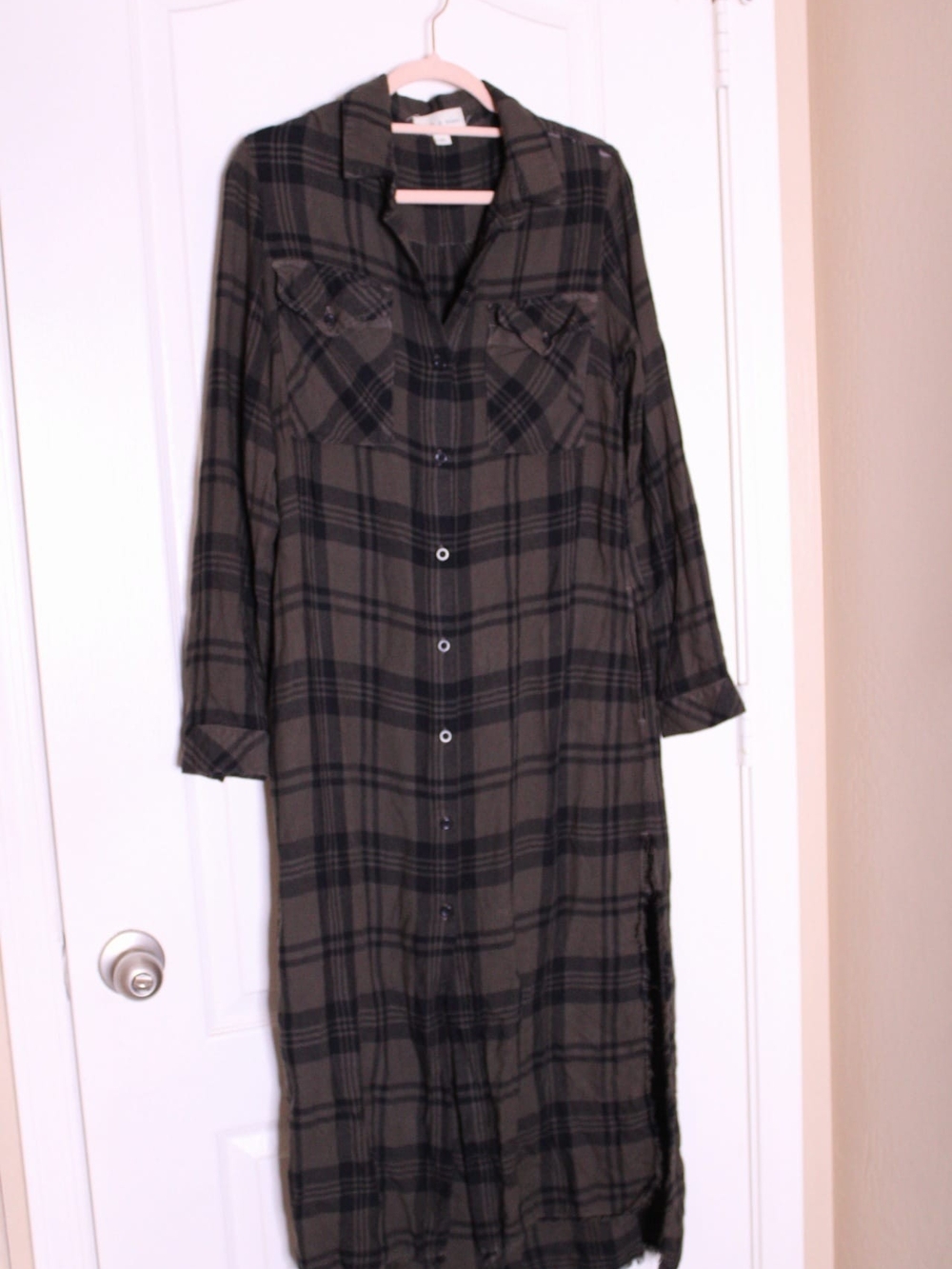 cloth & stone Olive and Black Plaid Maxi Shirt Dress